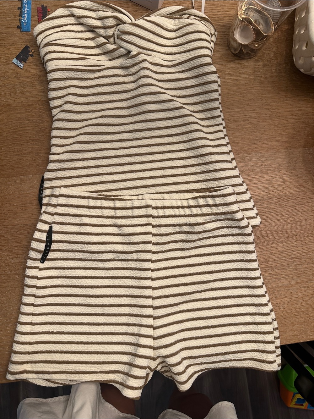 Missguided Cream & Brown Striped Kids One-Piece short set